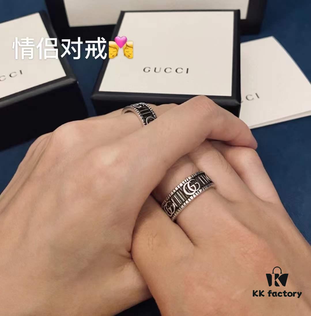 692ff1e499f2d84055c8d8b6 Valentine's Gift ❤️ Gucci Marmont Series Silver Double G Logo Couple Ring (Aged Effect)
