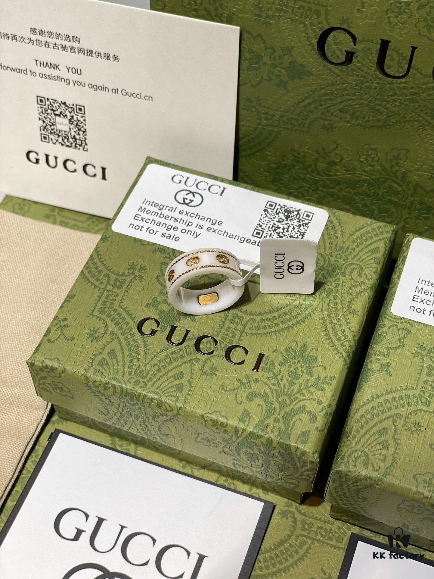 692ff1f299f2d84055c8d8c9 GUCCI Overseas Member Gift - Gucci Gold-Trimmed Double G Ceramic Ring