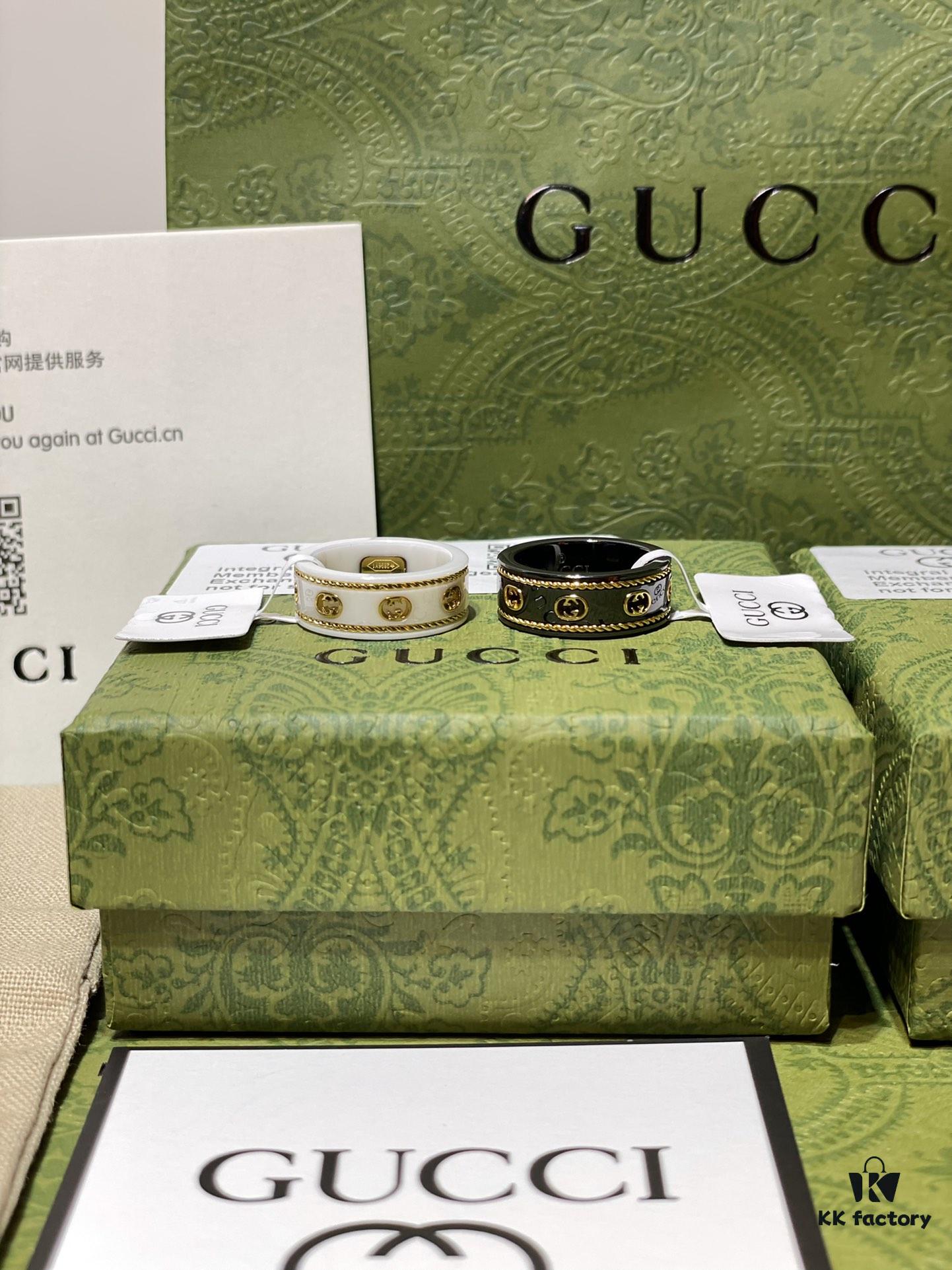 692ff1f399f2d84055c8d8cb GUCCI Overseas Member Gift - Gucci Gold-Trimmed Double G Ceramic Ring
