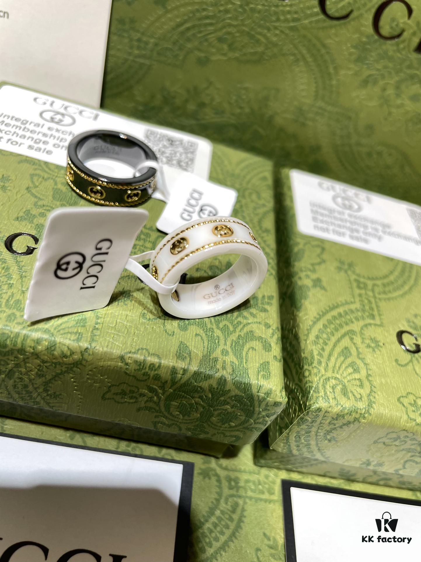 692ff1f699f2d84055c8d8cd GUCCI Overseas Member Gift - Gucci Gold-Trimmed Double G Ceramic Ring