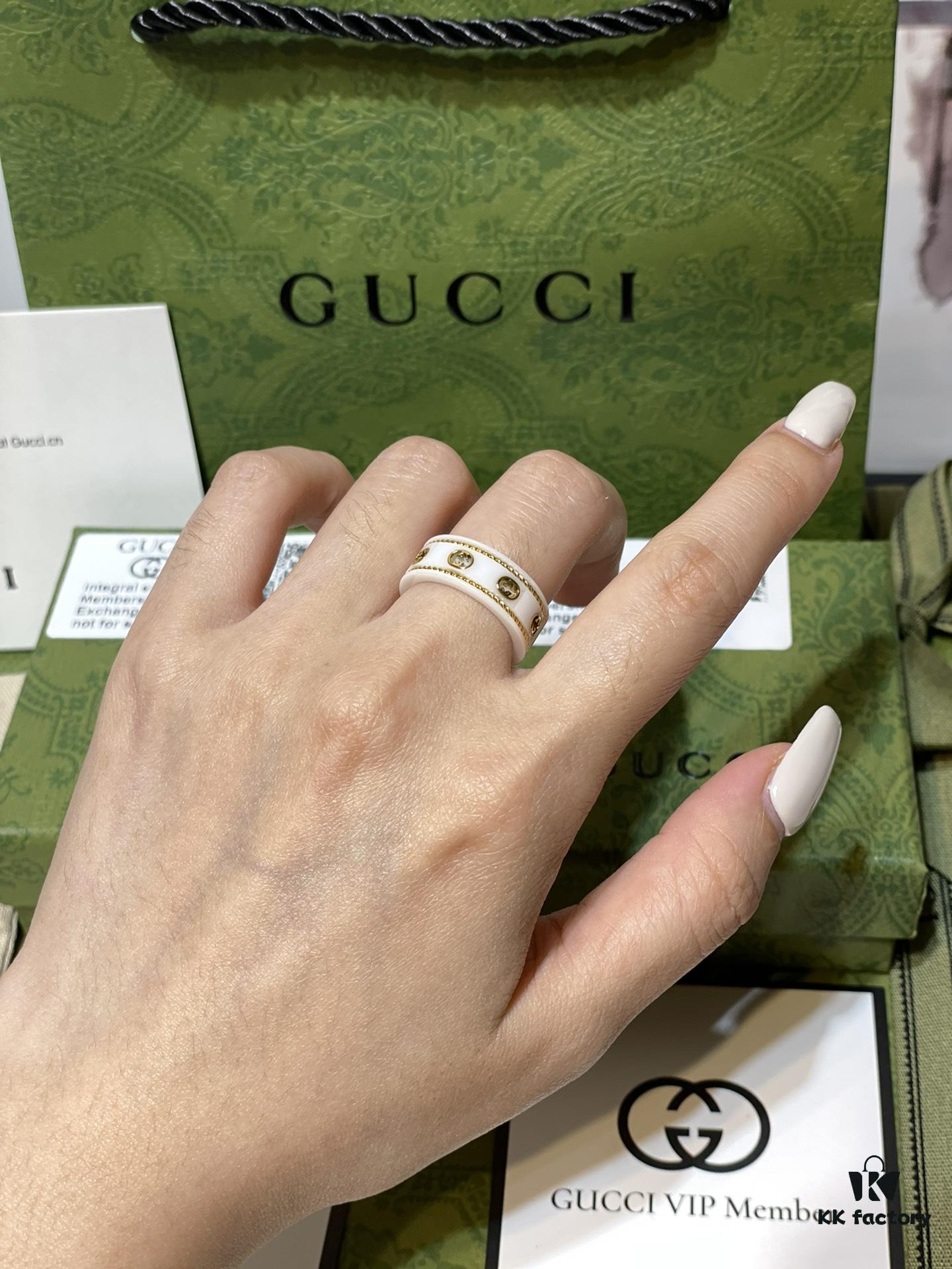 692ff1f899f2d84055c8d8d2 GUCCI Overseas Member Gift - Gucci Gold-Trimmed Double G Ceramic Ring