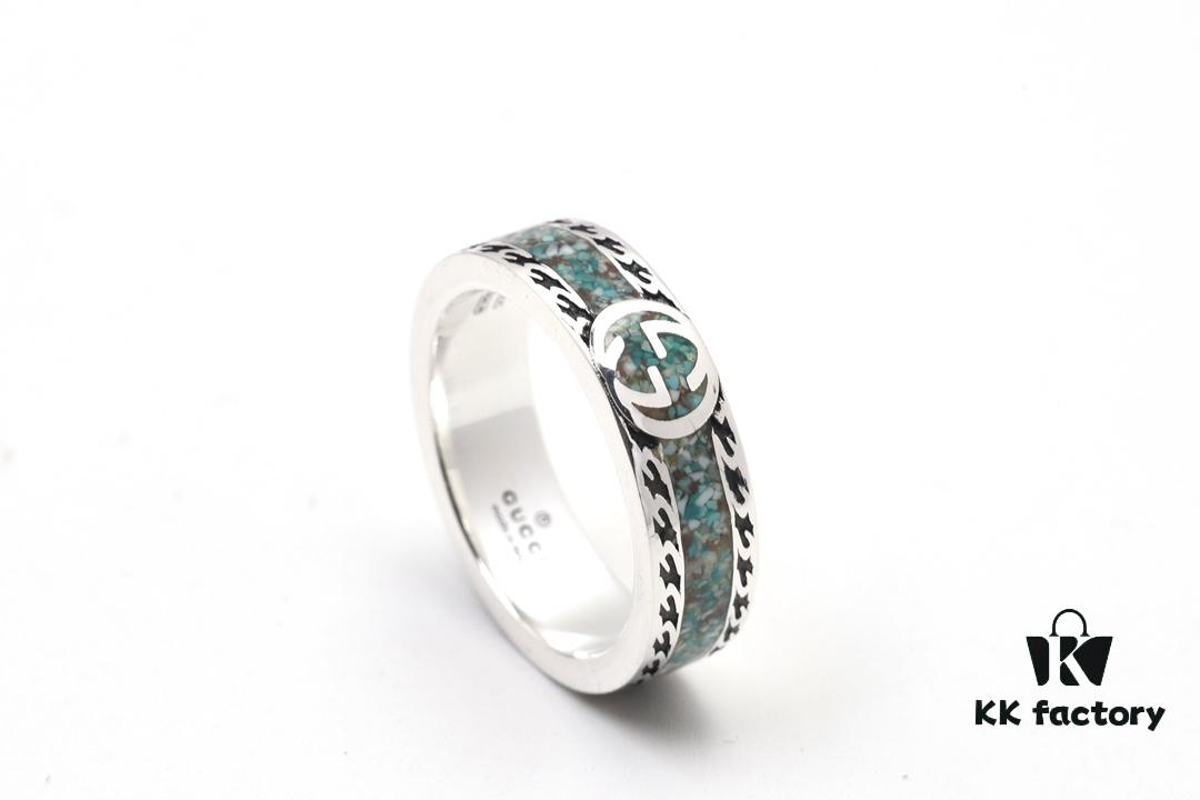 692ff28a99f2d84055c8d998 GUCCI New Arrival Interlocking Double G Ring with Stone Texture in Thin Brown and Gem Green Enamel
