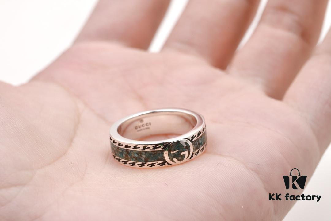 692ff28d99f2d84055c8d99c GUCCI New Arrival Interlocking Double G Ring with Stone Texture in Thin Brown and Gem Green Enamel