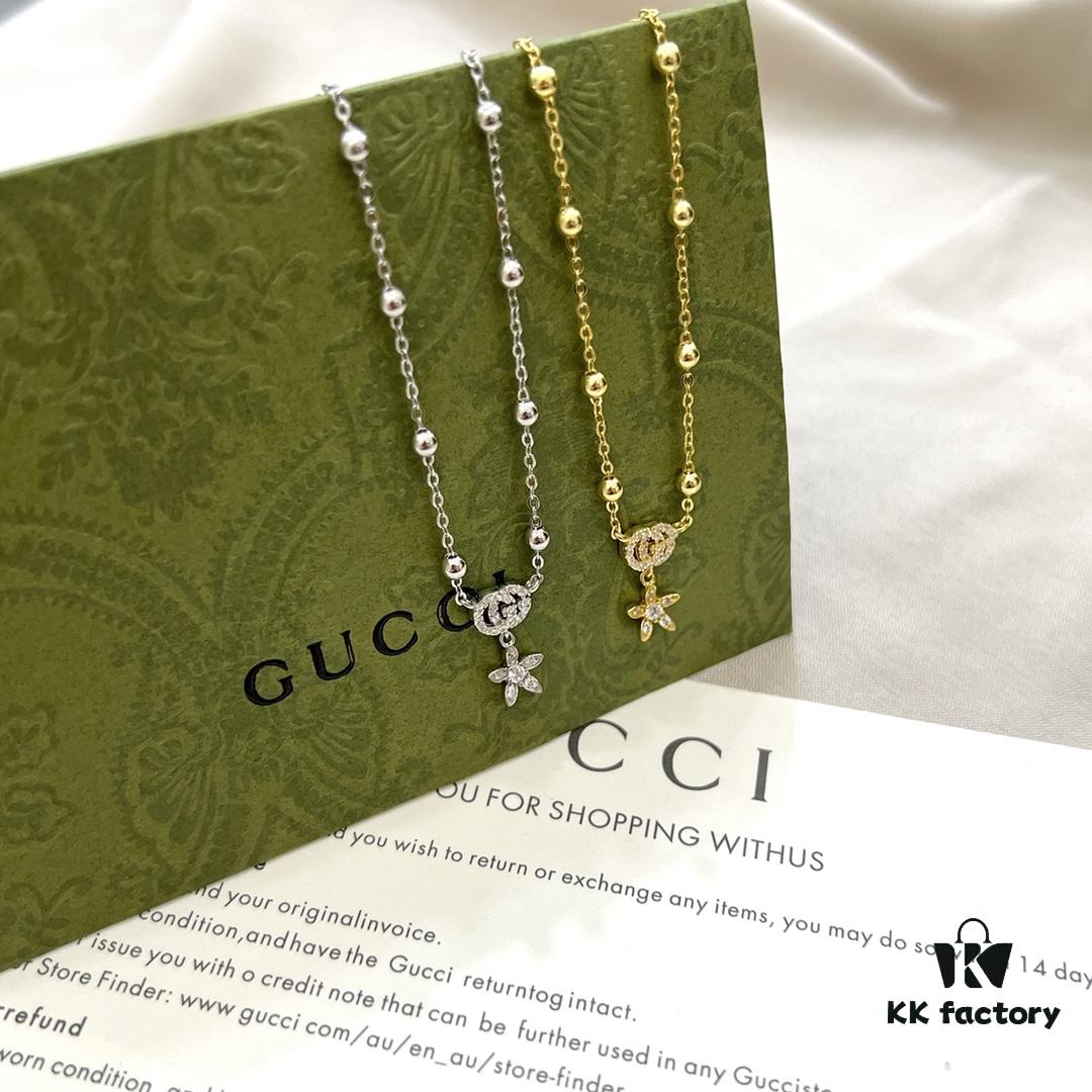 Gucci Gucci 925 Sterling Silver Double G Floral 18K White Gold Diamond Necklace