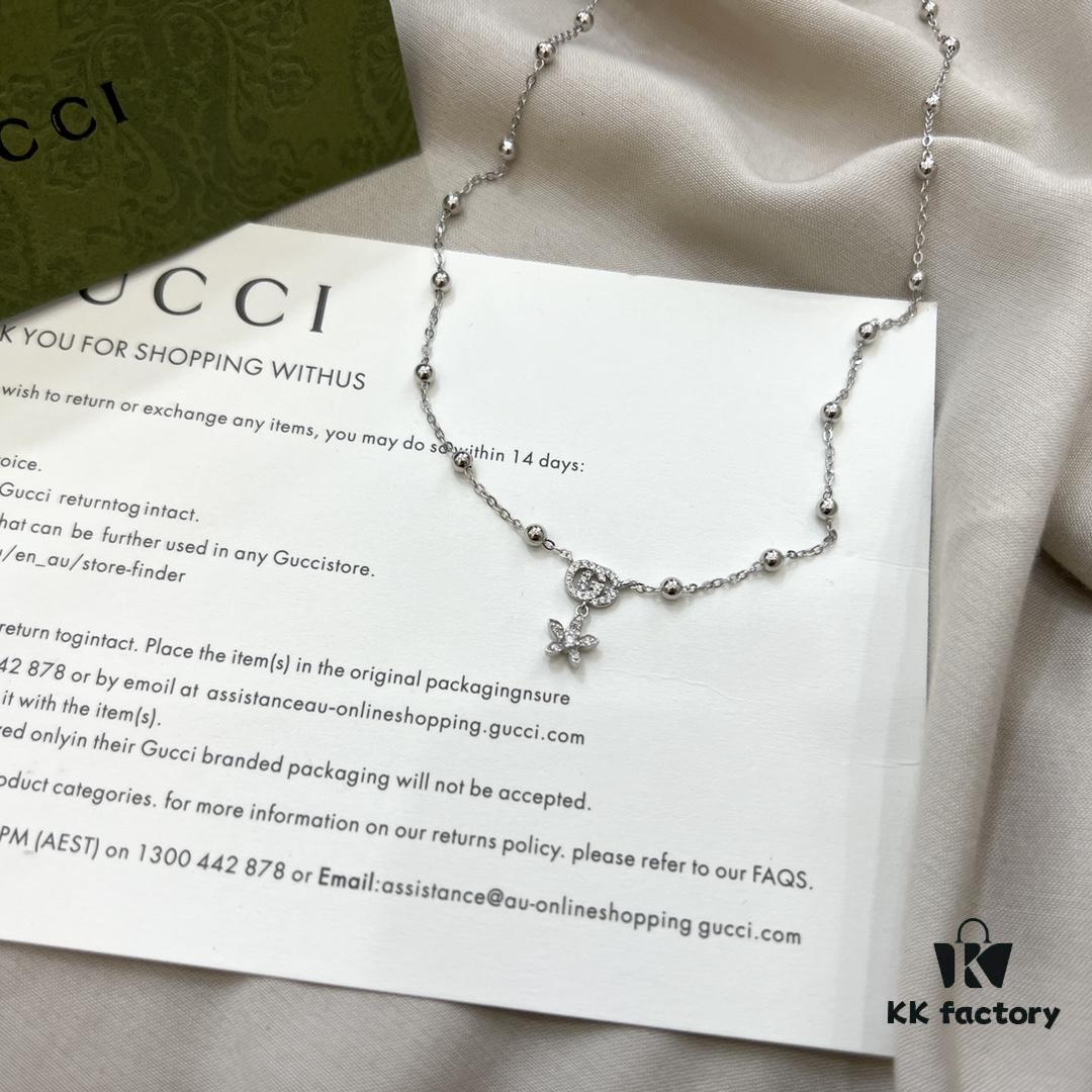 Gucci Gucci 925 Sterling Silver Double G Floral 18K White Gold Diamond Necklace