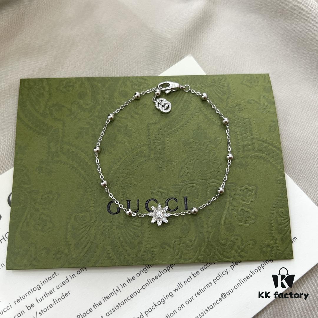 Gucci Gucci 925 Sterling Silver Double G Floral 18K White Gold Diamond Bracelet