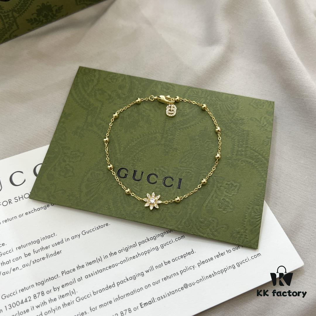 Gucci Gucci 925 Sterling Silver Double G Floral 18K White Gold Diamond Bracelet