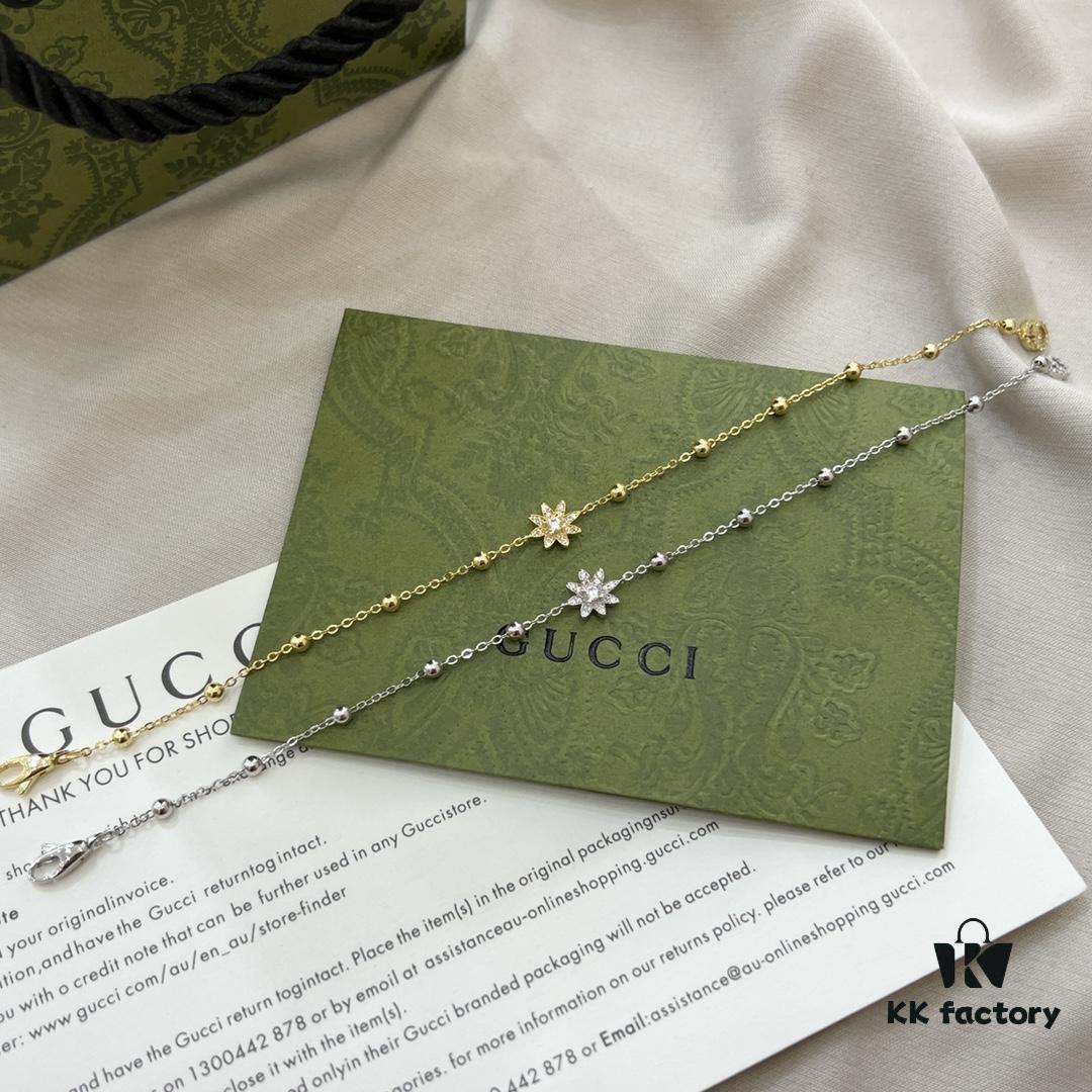 Gucci Gucci 925 Sterling Silver Double G Floral 18K White Gold Diamond Bracelet