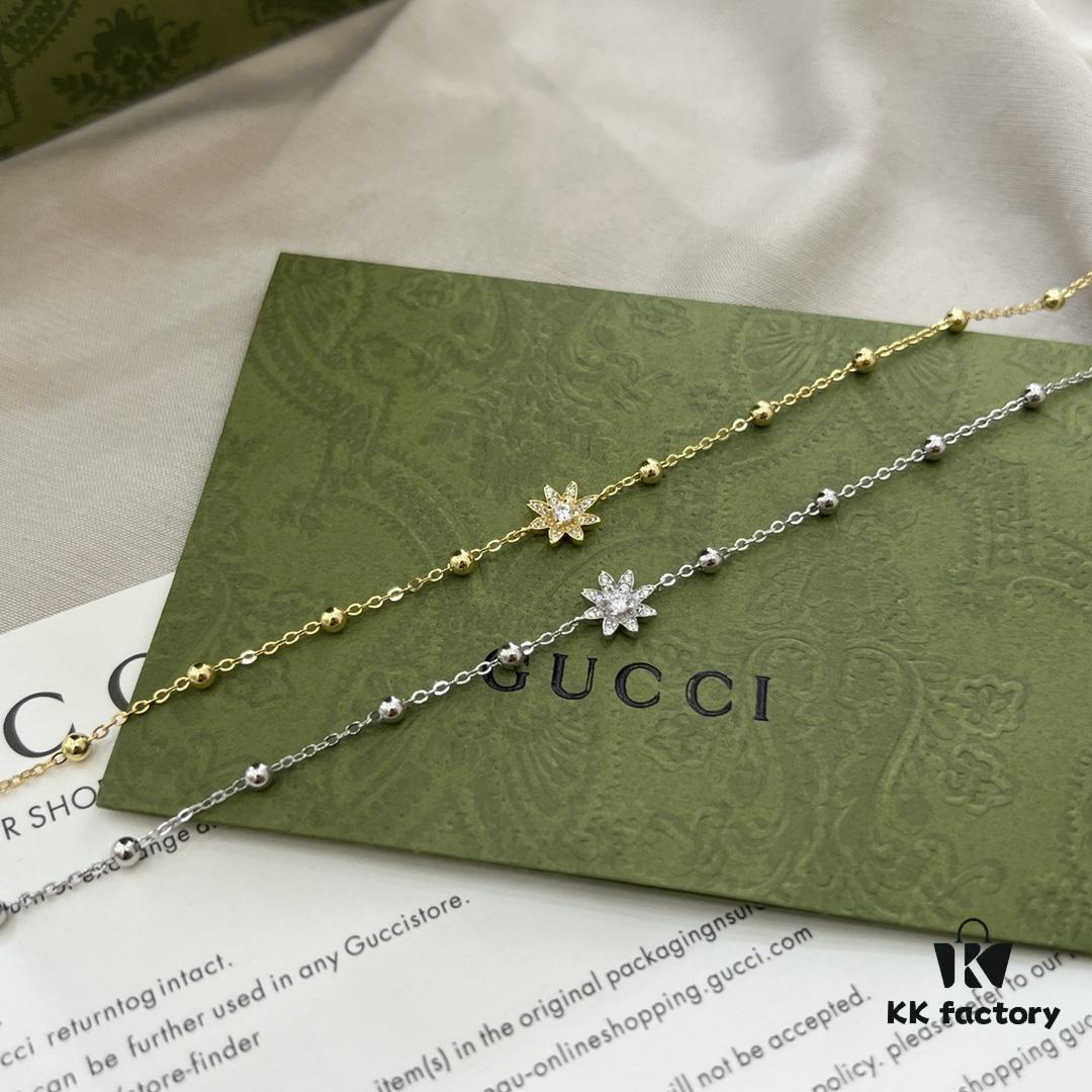 Gucci Gucci 925 Sterling Silver Double G Floral 18K White Gold Diamond Bracelet