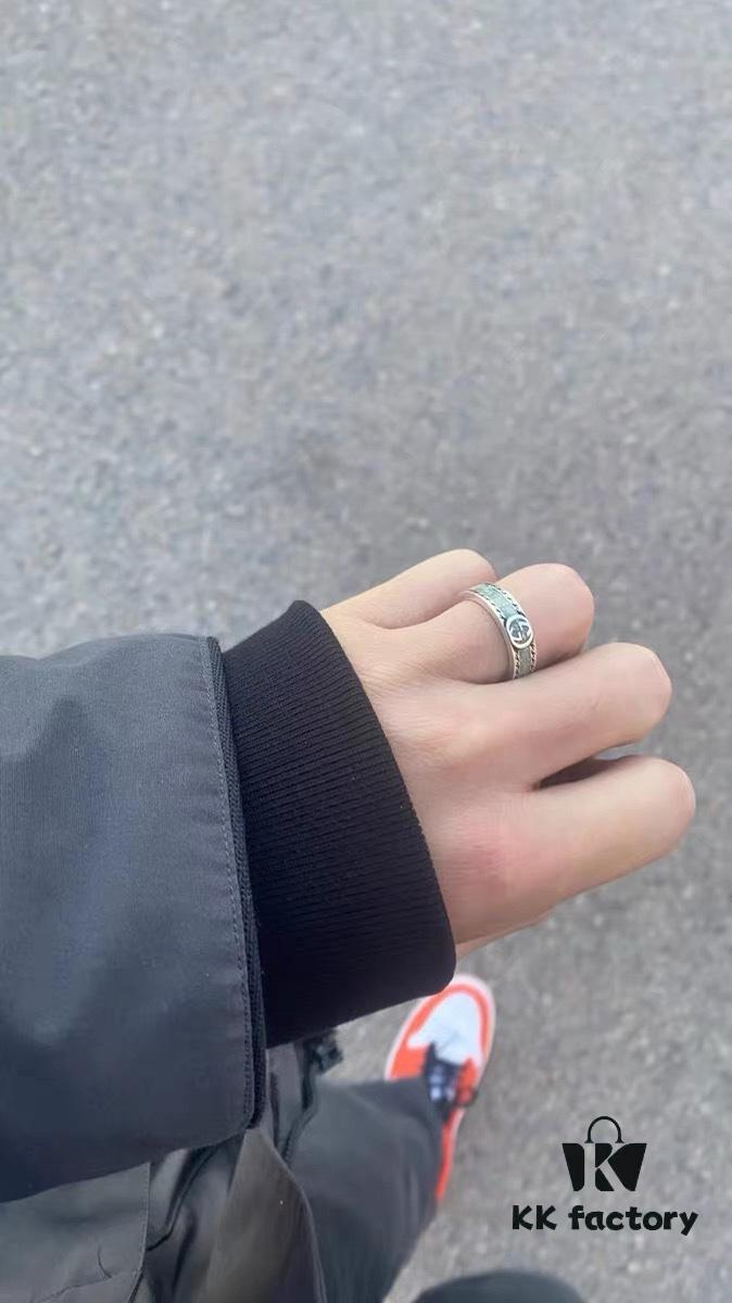 Gucci Gucci 925 Sterling Silver GG Light Gray Marble Pattern Enamel Ring