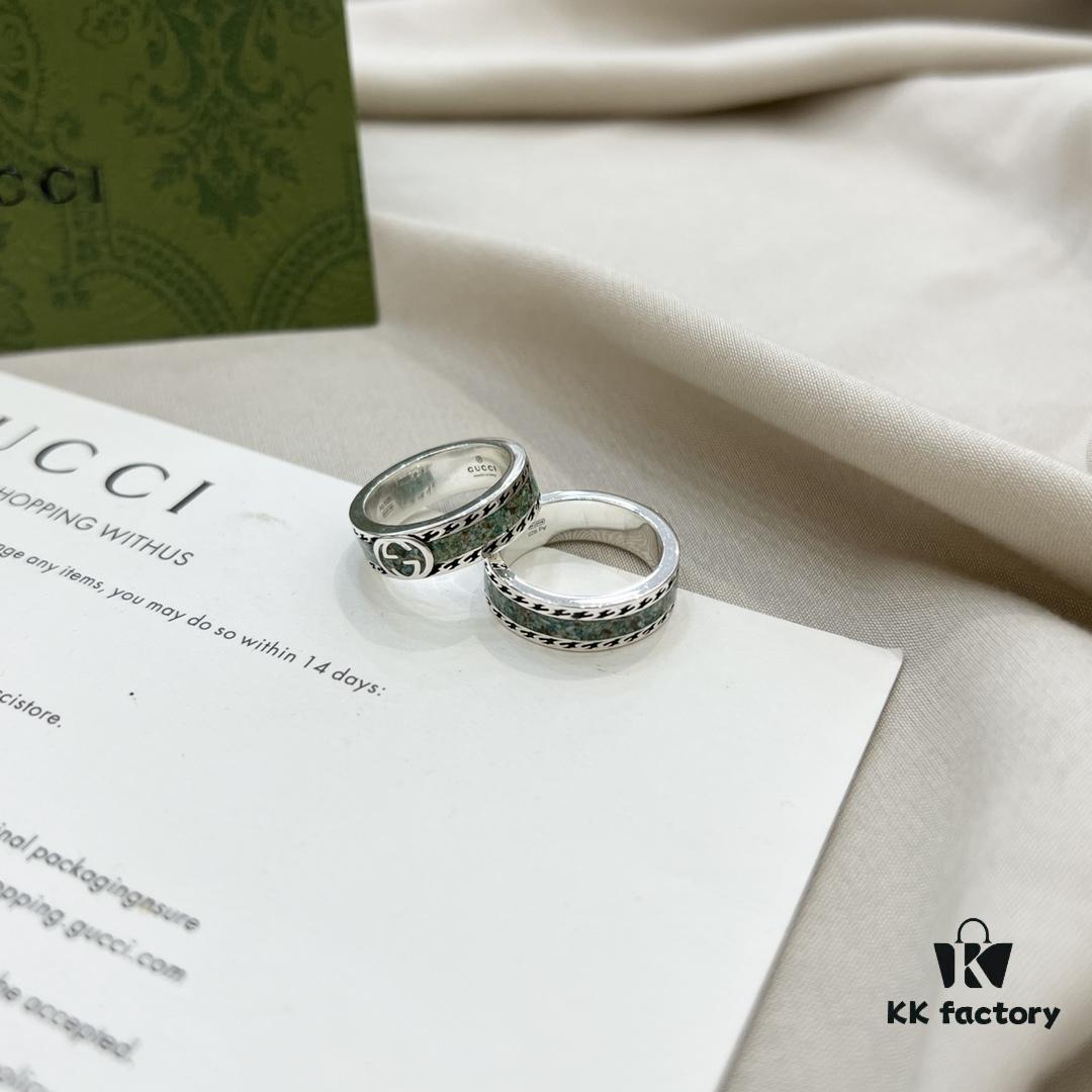 Gucci Gucci 925 Sterling Silver GG Logo Light Gray Marble Enamel Ring