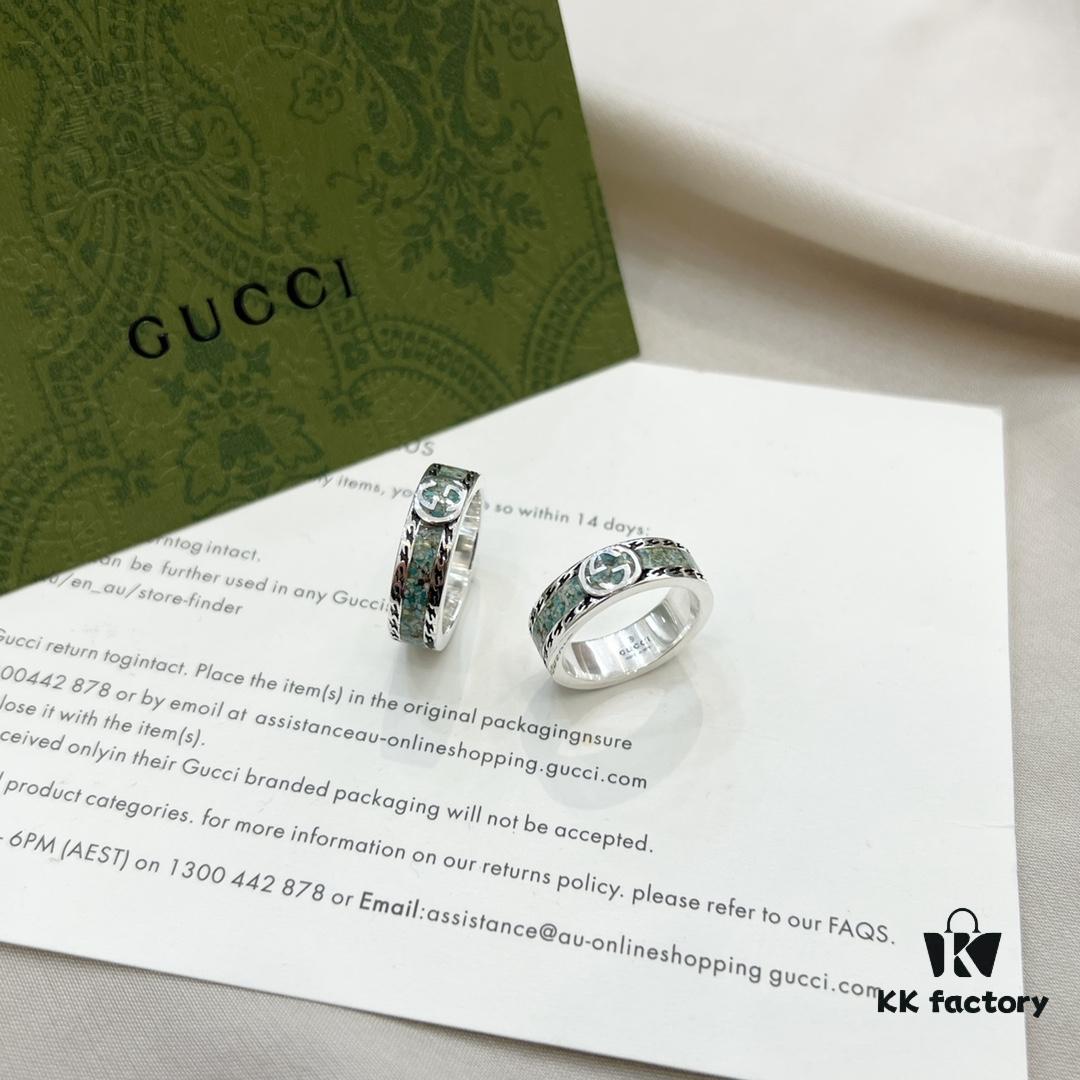 Gucci Gucci 925 Sterling Silver GG Logo Light Gray Marble Enamel Ring