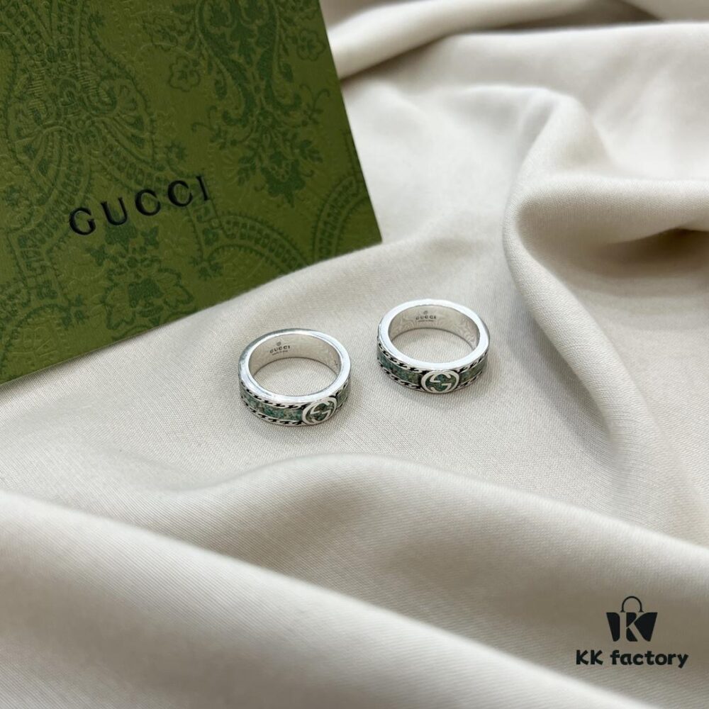 692ff2bc99f2d84055c8da02 Gucci Gucci 925 Sterling Silver GG Logo Light Gray Marble Enamel Ring