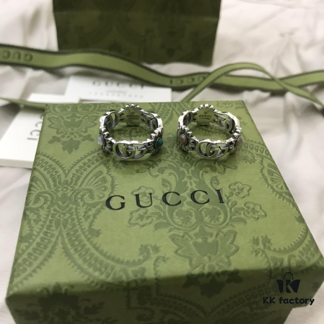Gucci 925 Sterling Silver Double G Daisy Turquoise Pink Shell Ring