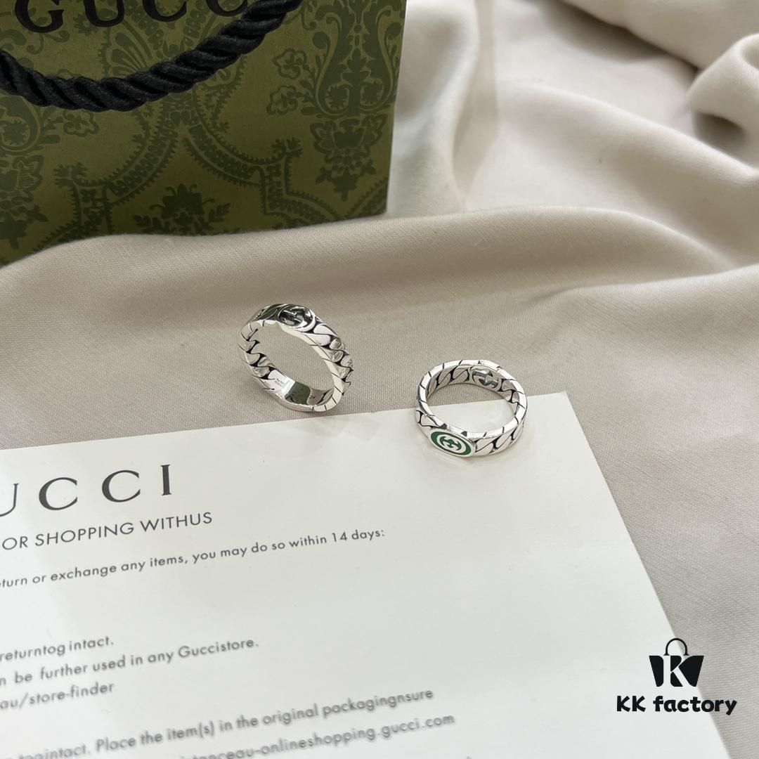 Gucci Gucci New Arrival 925 Sterling Silver Green Enamel Interlocking Double G Ring