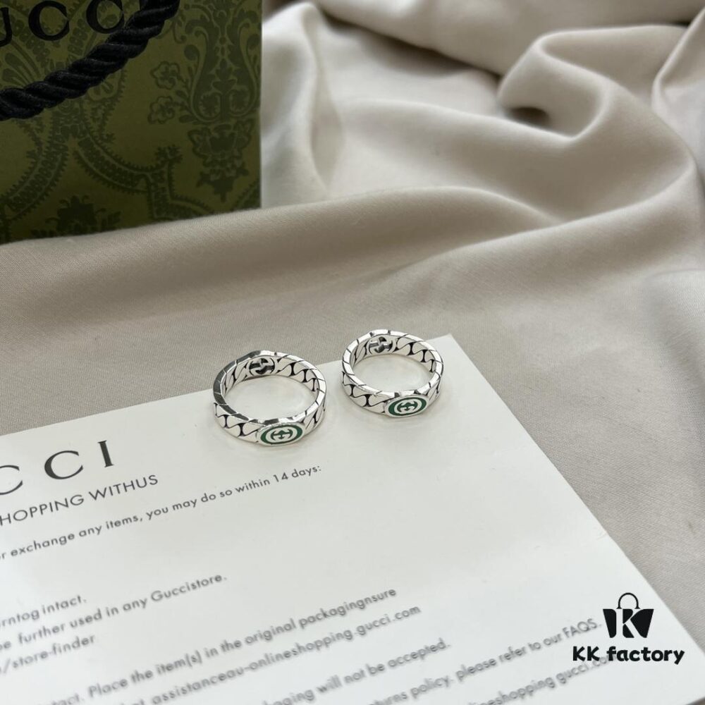 692ff2c899f2d84055c8da1a Gucci Gucci New Arrival 925 Sterling Silver Green Enamel Interlocking Double G Ring