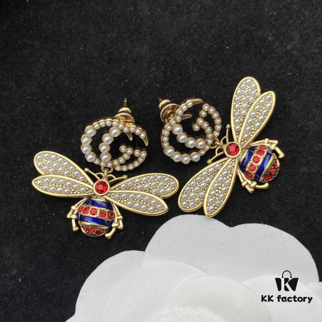 692ff2ee99f2d84055c8da5c Gucci GG Bee Pearl Diamond-Inlaid Elegant Retro Stud Earrings 🐝💚
