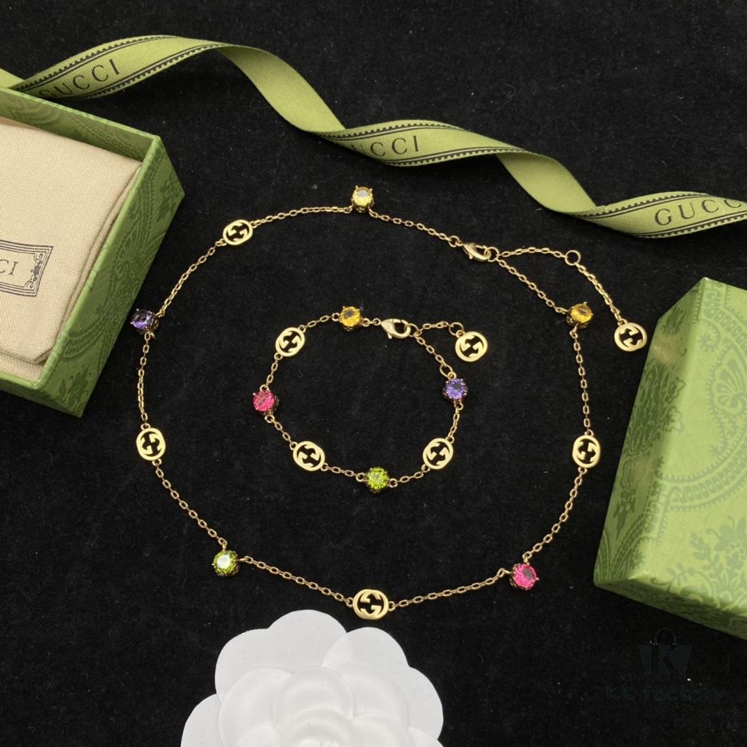 692ff2fa99f2d84055c8da6e Gucci GUCCI New Colorful Diamond Elegant Retro Necklace Bracelet 💚