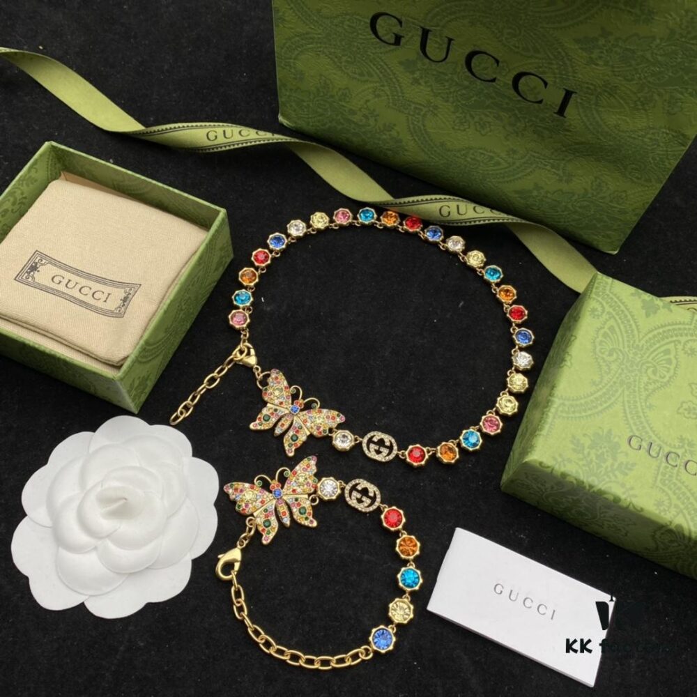 Gucci Double G Butterfly Colored Diamond Elegant Vintage Necklace Bracelet