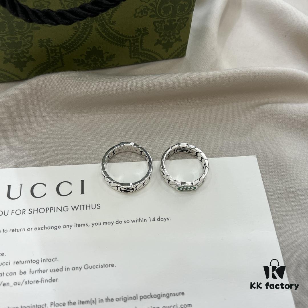 Gucci Gucci New Arrival 925 Sterling Silver Green Enamel Interlocking Double G Ring