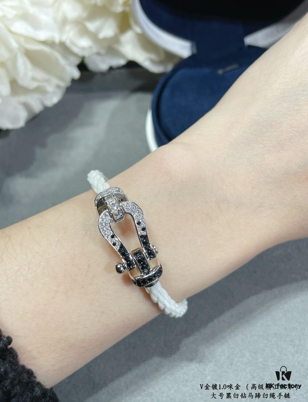692ff44c99f2d84055c8dc8c Fred Large Black and White Diamond Horseshoe White Rope Bracelet - Luxury Fashion Exquisite Craftsmanship