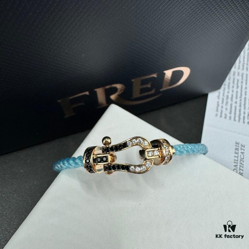 692ff66499f2d84055c8df68 FRED Force 10 Bracelet in Rose Gold, Medium Size, with Black and White Gemstones, Steel Cord Design