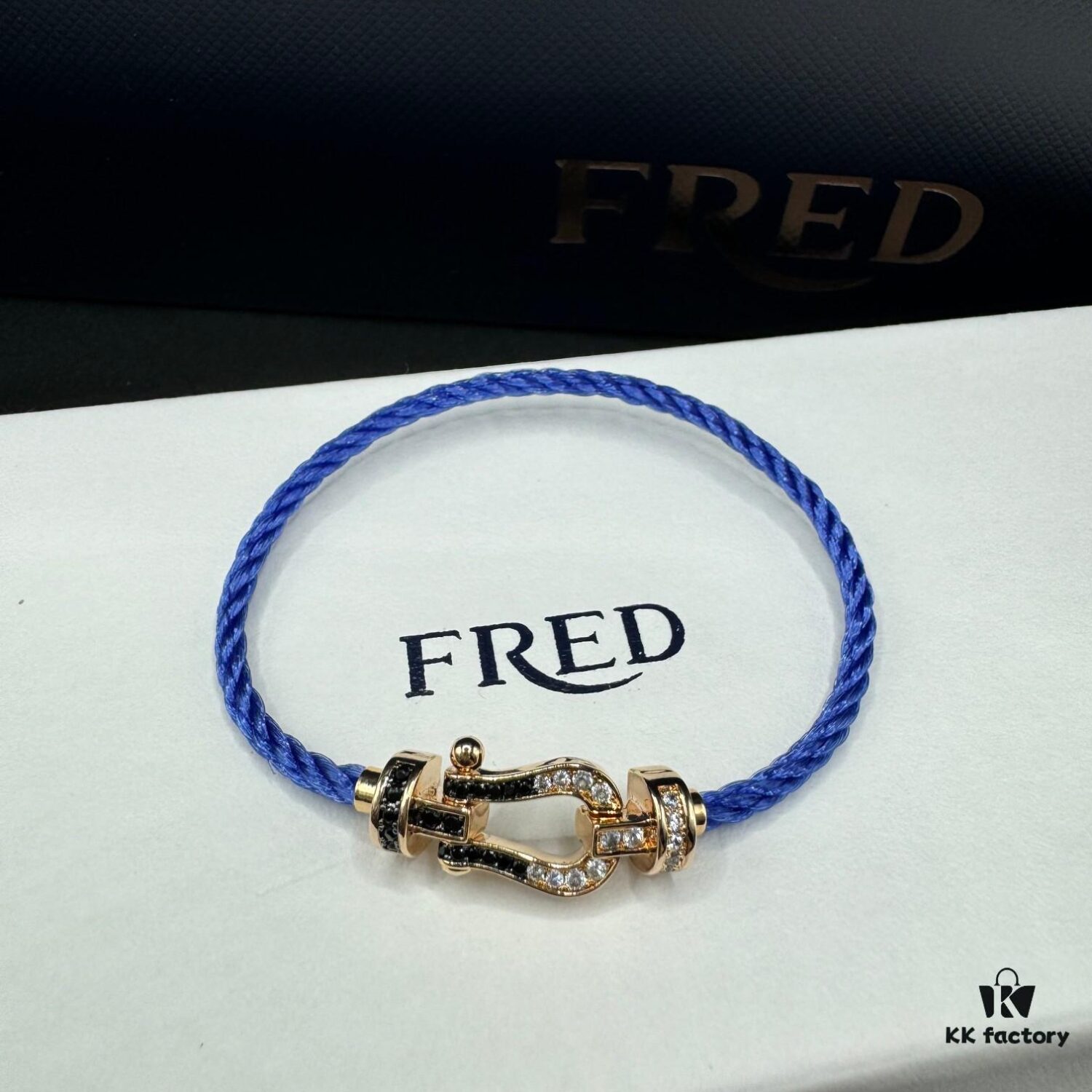 692ff66999f2d84055c8df6f FRED Force 10 Bracelet in Medium Rose Gold with Black and White Gemstones, Steel Cable Design