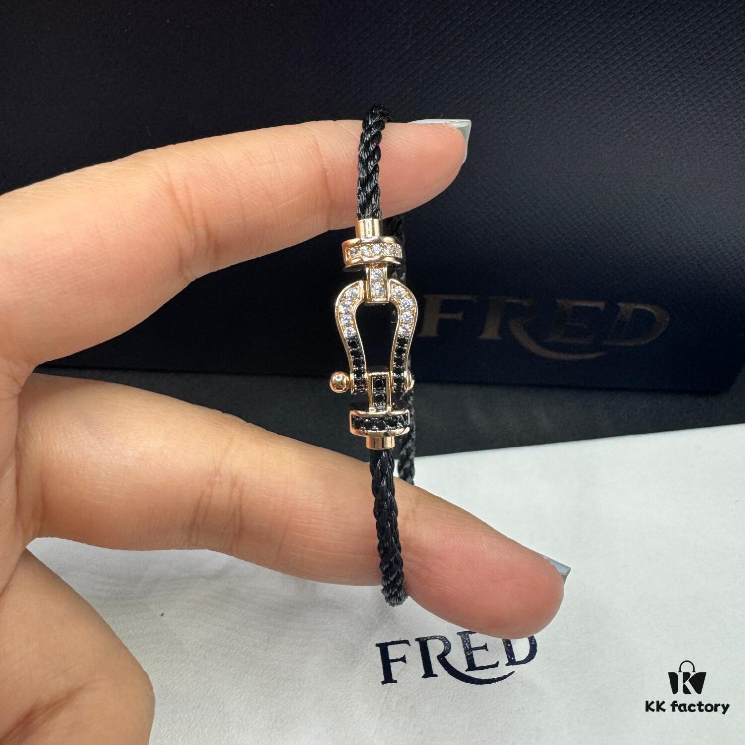 692ff68099f2d84055c8df8b FRED Force 10 Bracelet in Rose Gold with Black and White Gemstones, Medium Size, Steel Cable Design