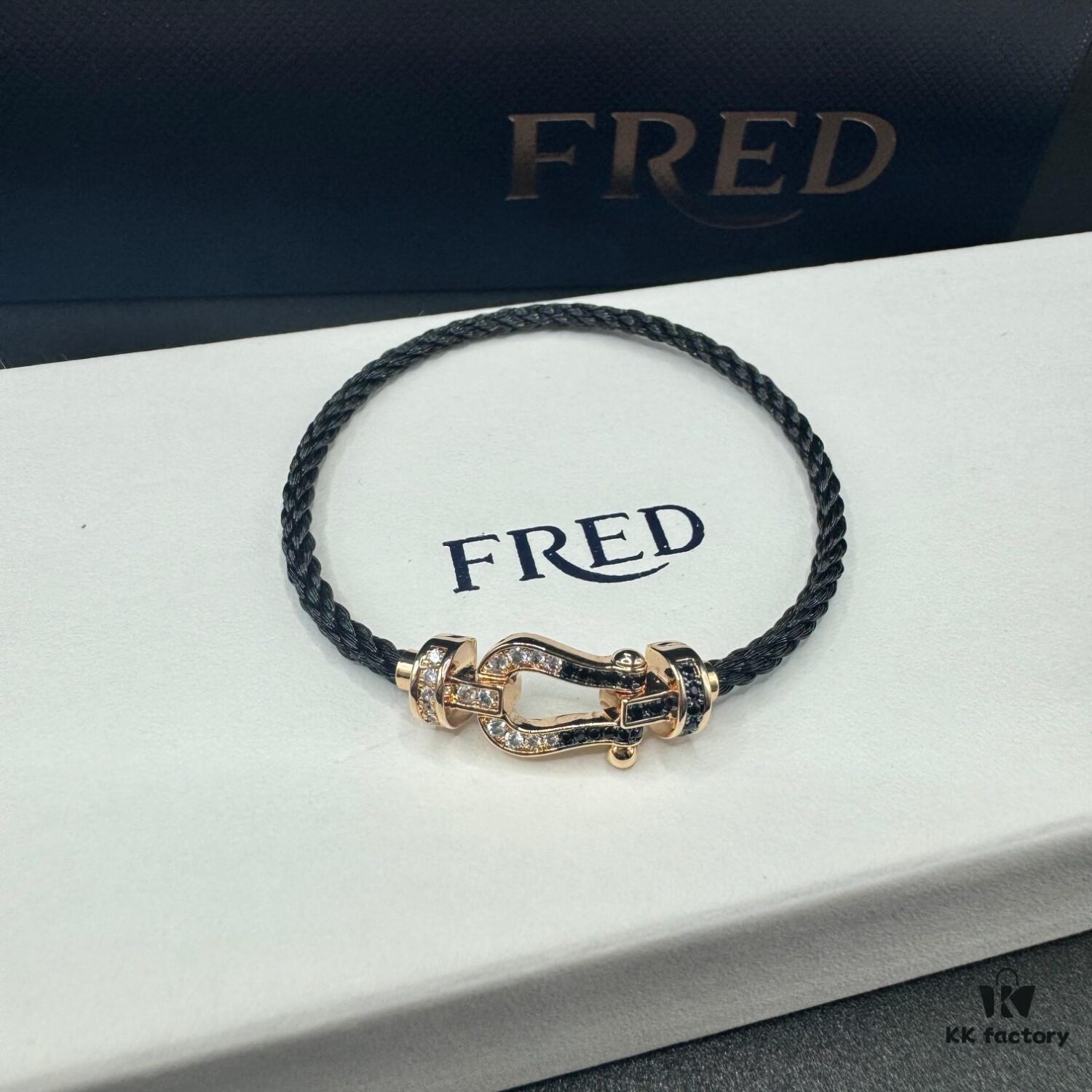 692ff68099f2d84055c8df8c FRED Force 10 Bracelet in Rose Gold with Black and White Gemstones, Medium Size, Steel Cable Design