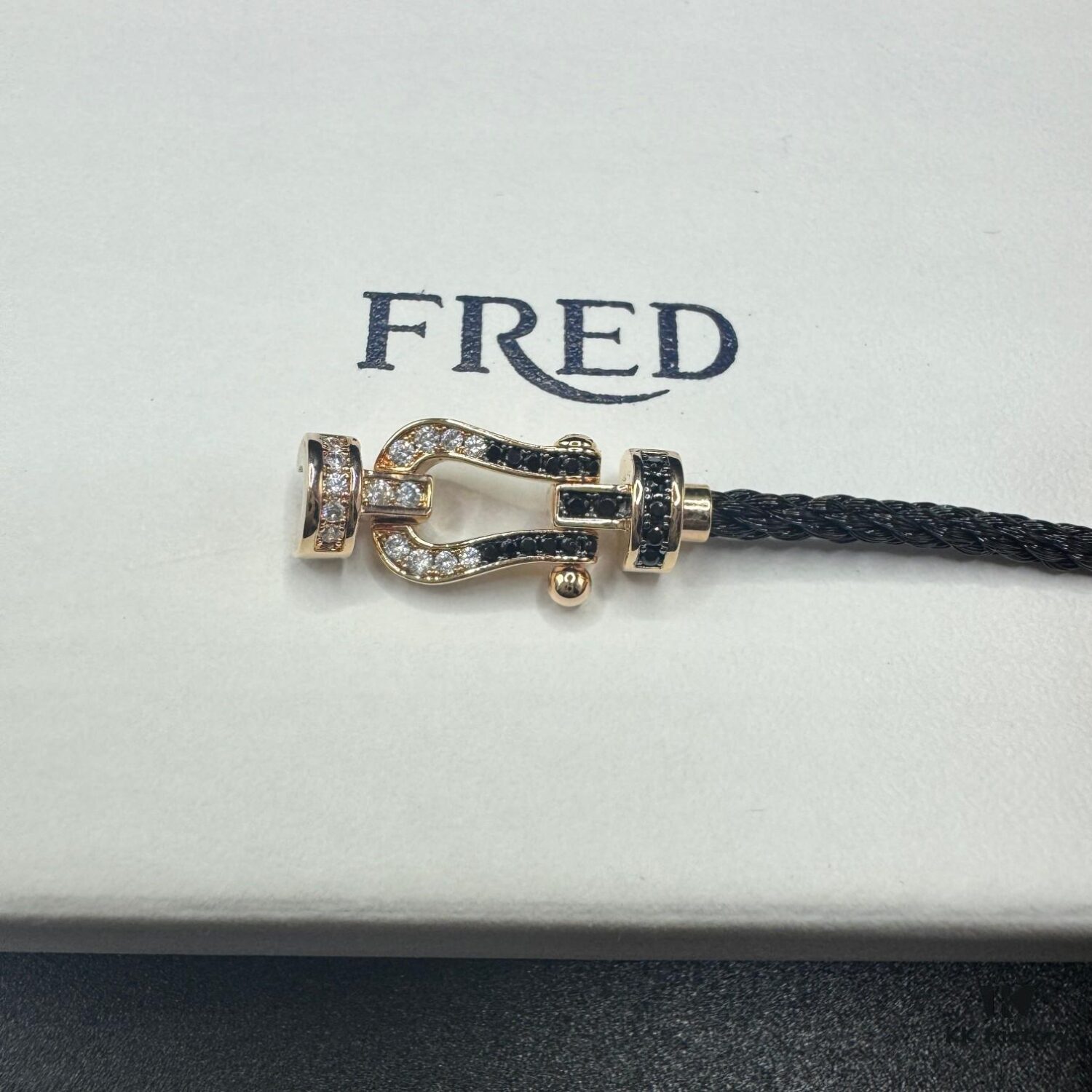 692ff68199f2d84055c8df8d FRED Force 10 Bracelet in Rose Gold with Black and White Gemstones, Medium Size, Steel Cable Design