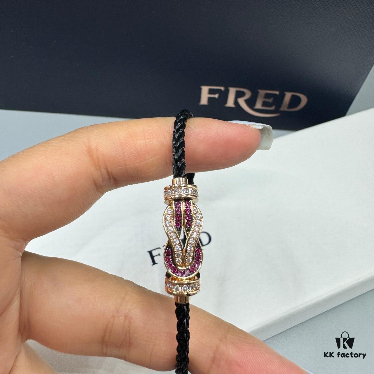 692ff69399f2d84055c8dfa6 FRED Force 10 Bracelet in Rose Gold, Medium Size with Ruby Cabochon and Steel Cable