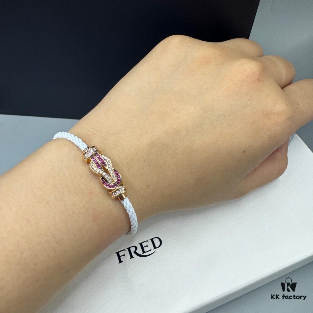 FRED Force 10 Bracelet in Rose Gold with Ruby, Medium Size, Stainless Steel Cord