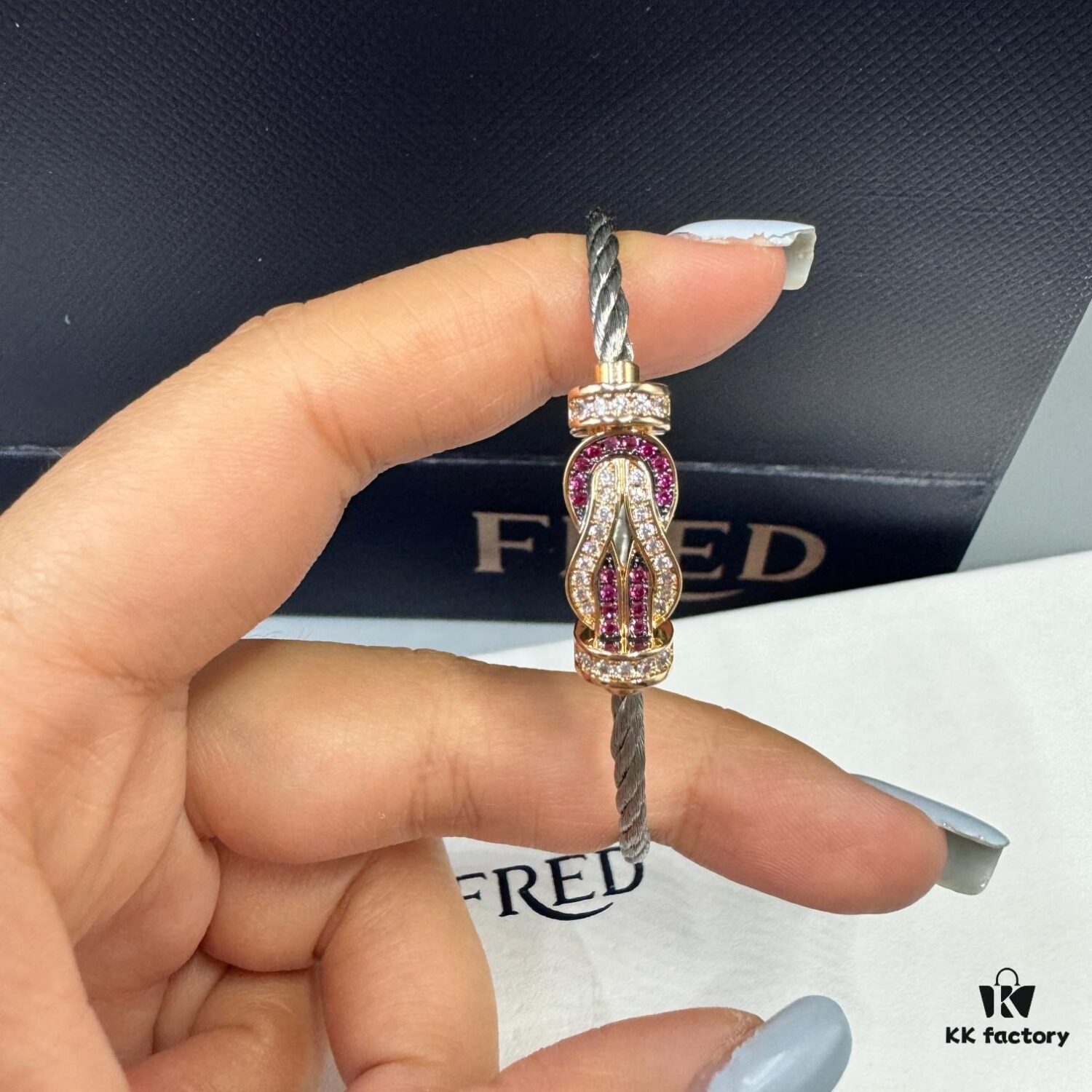 FRED Force 10 Bracelet in Rose Gold with Ruby, Medium Size, Red Sapphire Magnetic Clasp, Steel Cable Design