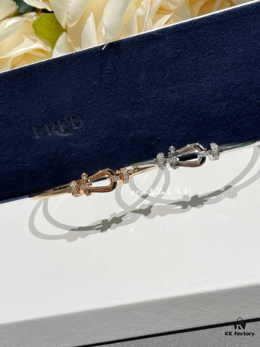 FRE*D Half-Pave Horseshoe Link Rigid Cuff Bracelet, CNC Precision-Carved, Hollow Tube Design for Lightweight Comfort – Available in Rose Gold and White Gold, Hand-Set Zirconia Stones, Authentic Logo Engraving