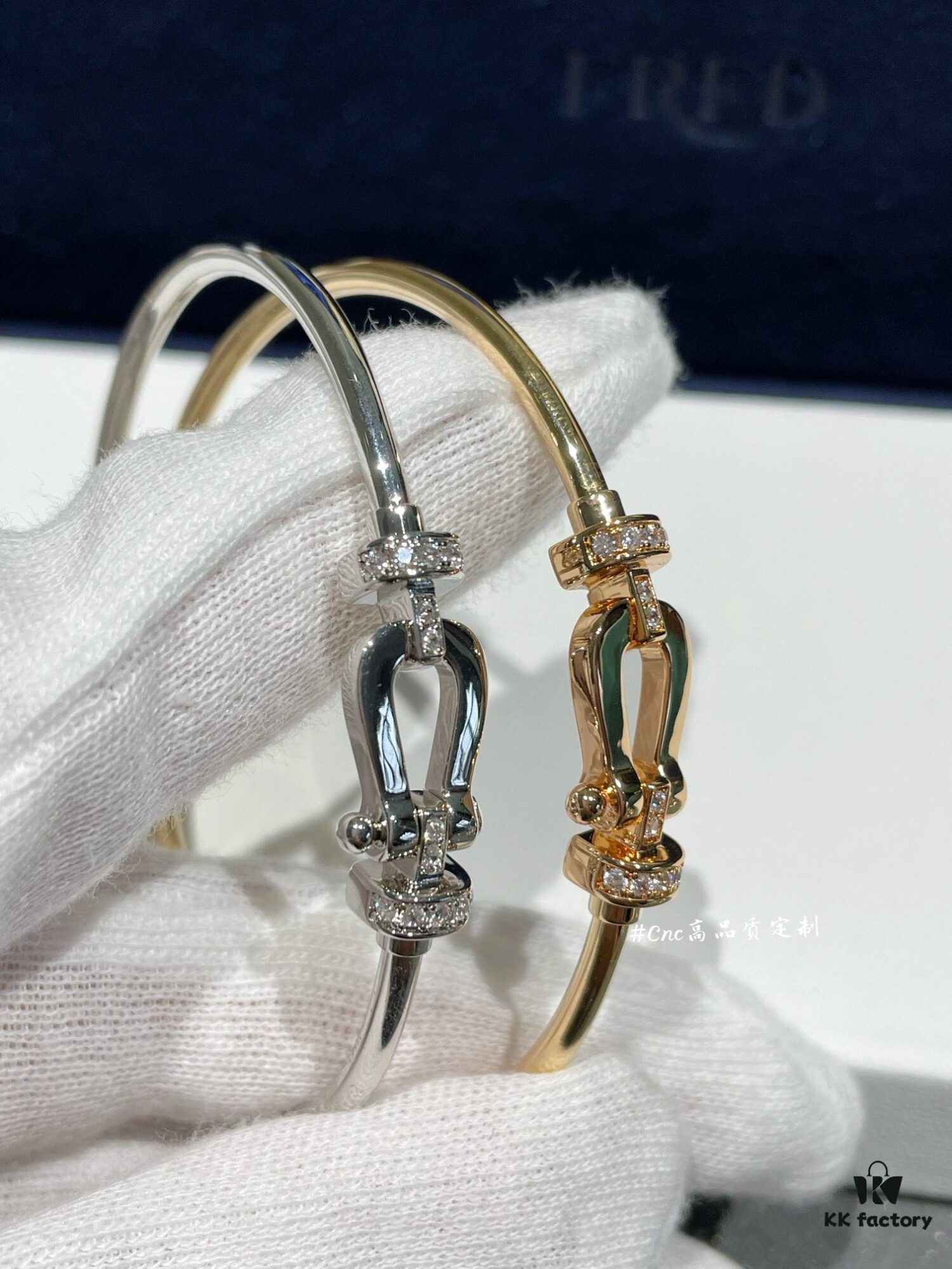 692ff6ca99f2d84055c8dfea FRE*D Half-Pave Horseshoe Link Rigid Cuff Bracelet, CNC Precision-Carved, Hollow Tube Design for Lightweight Comfort – Available in Rose Gold and White Gold, Hand-Set Zirconia Stones, Authentic Logo Engraving