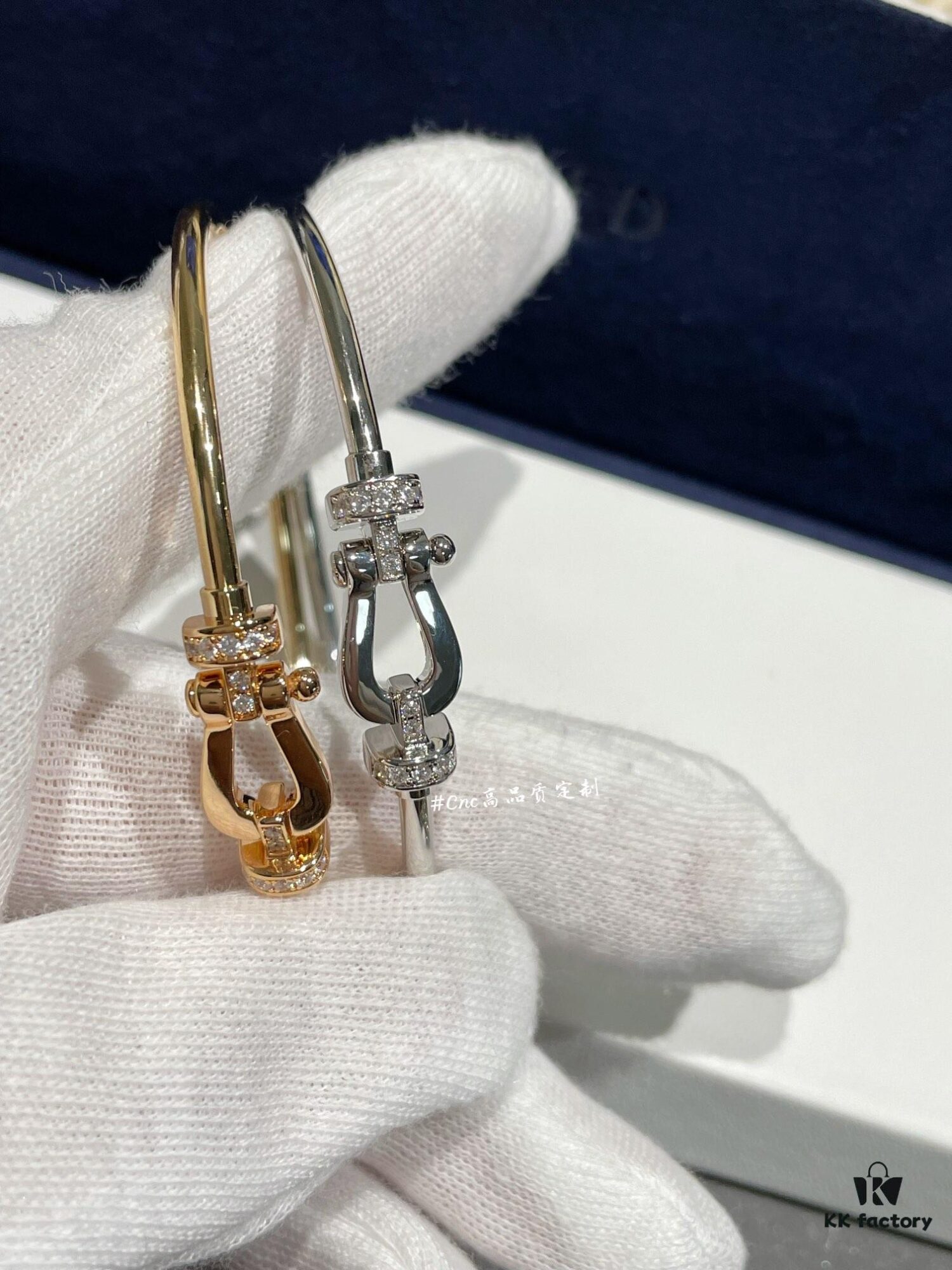692ff6cf99f2d84055c8dfed FRE*D Half-Pave Horseshoe Link Rigid Cuff Bracelet, CNC Precision-Carved, Hollow Tube Design for Lightweight Comfort – Available in Rose Gold and White Gold, Hand-Set Zirconia Stones, Authentic Logo Engraving