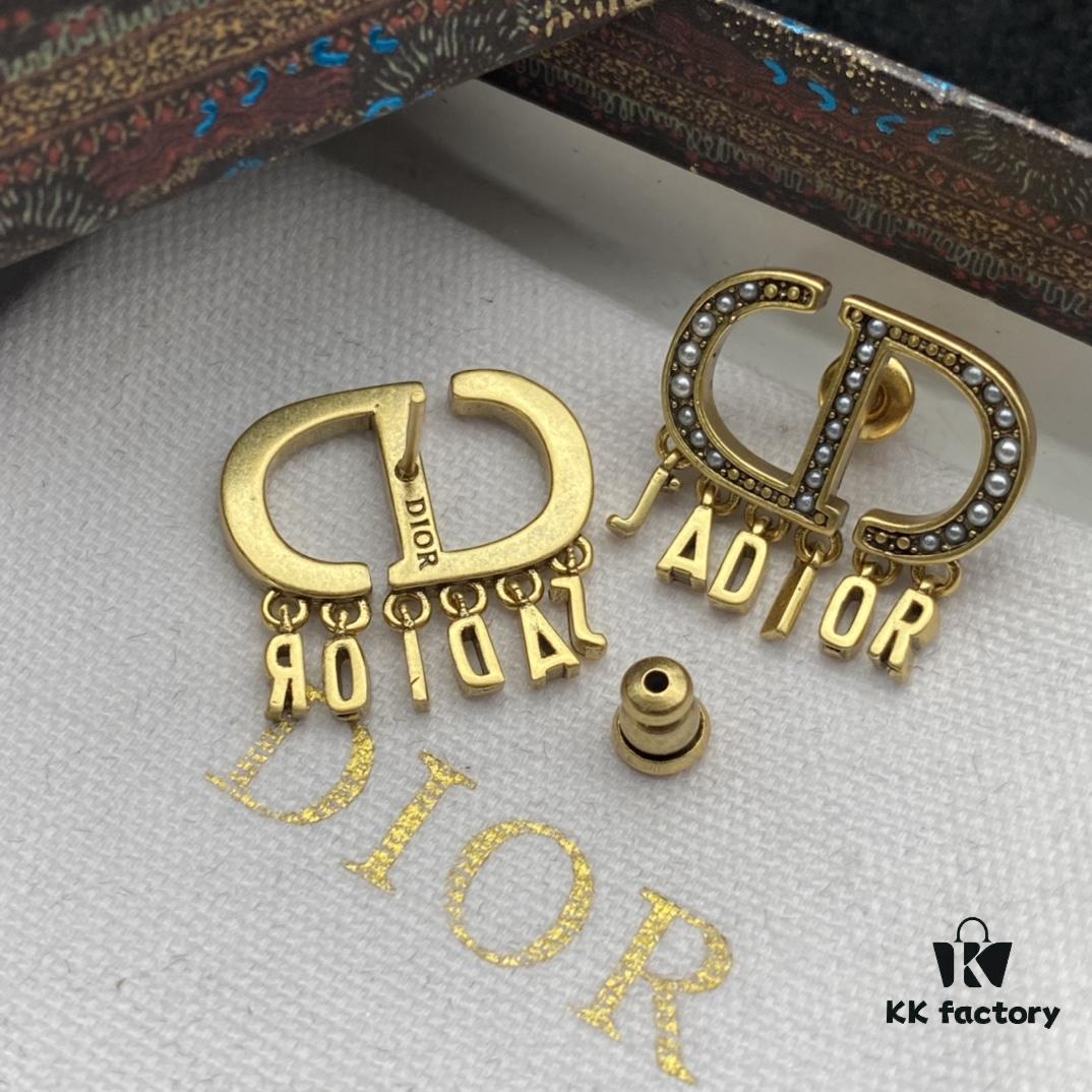 Dior New Style Letter Pearl and Diamond-Paved Elegant Stud Earrings
