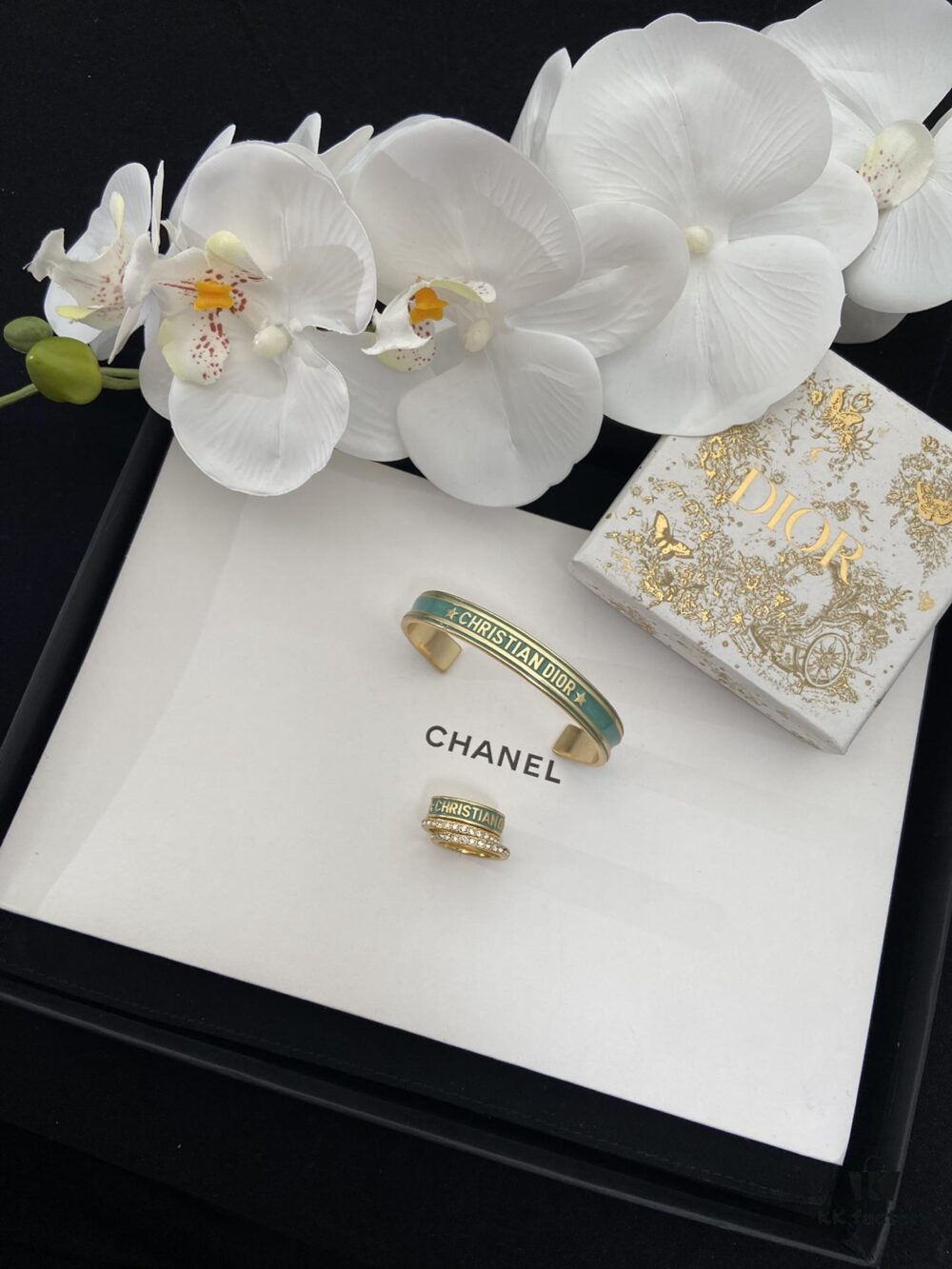 692ffbfd99f2d84055c8e728 Dior 23 Code Enamel Green Diamond Trilogy Ring Set with Bracelet