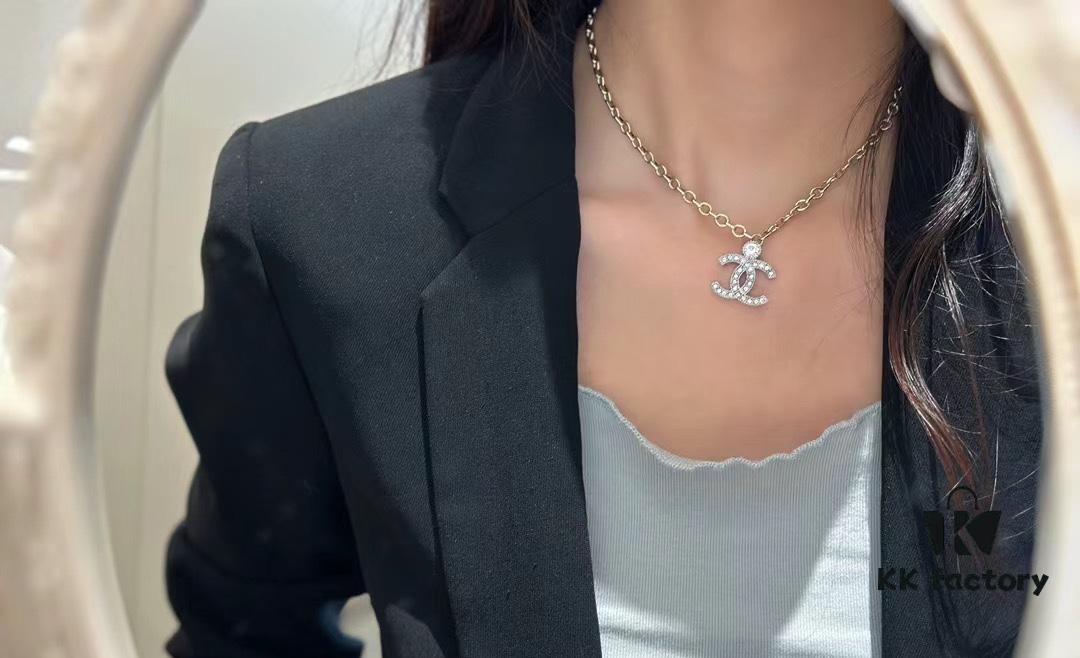 692ffcb799f2d84055c8e7fa Chanel 23A New Arrival Bicolor Gold and Silver Chain with White Diamond Double C Pendant Necklace