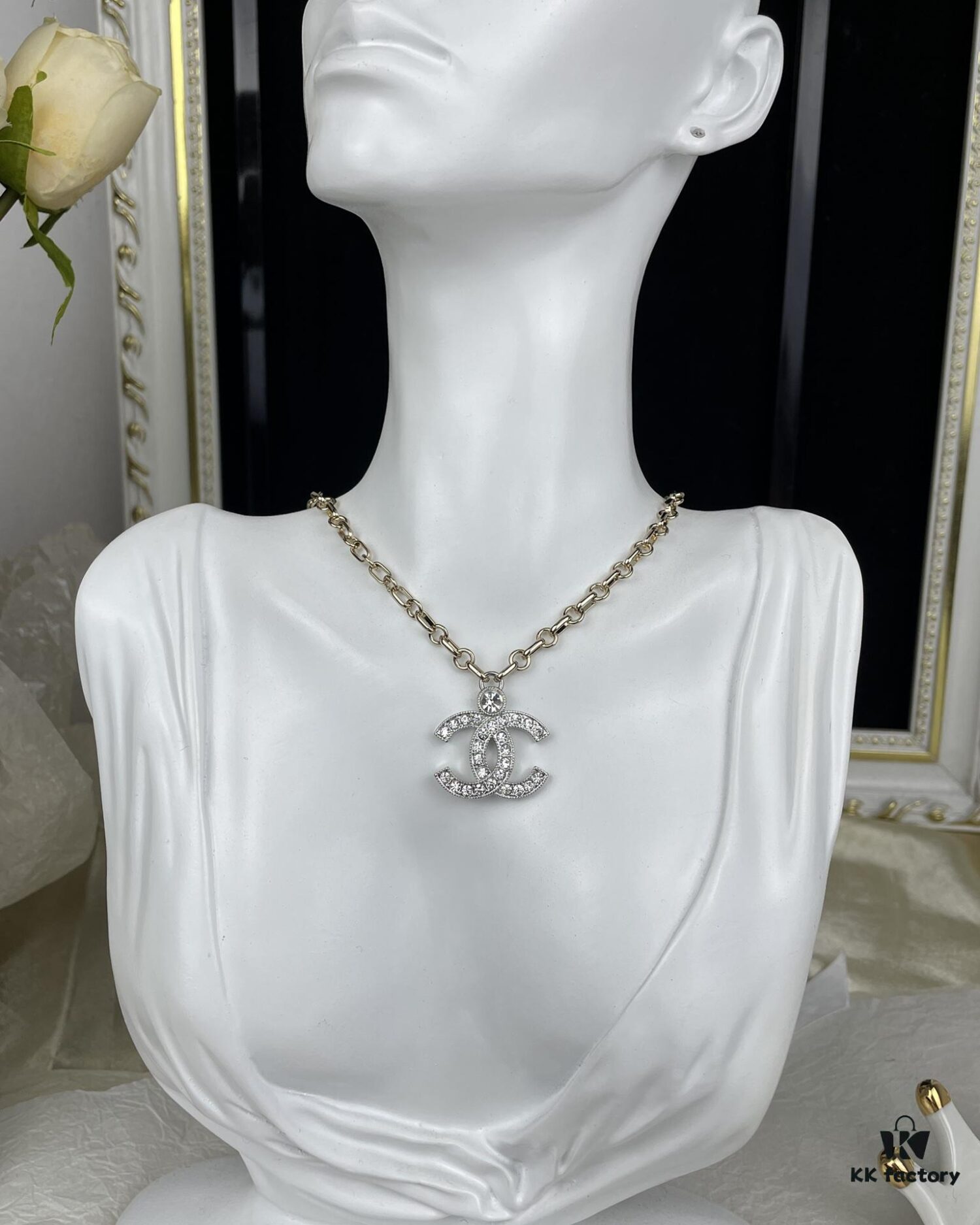 692ffcb899f2d84055c8e7fc Chanel 23A New Arrival Bicolor Gold and Silver Chain with White Diamond Double C Pendant Necklace