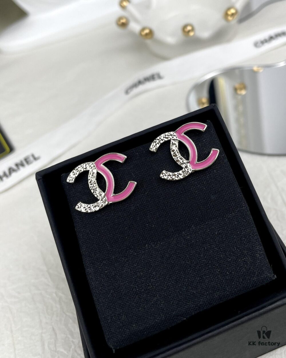 692ffcee99f2d84055c8e846 CHANE New 24C Pink Enamel Half-Gold Half-Pink Letter C Stud Earrings