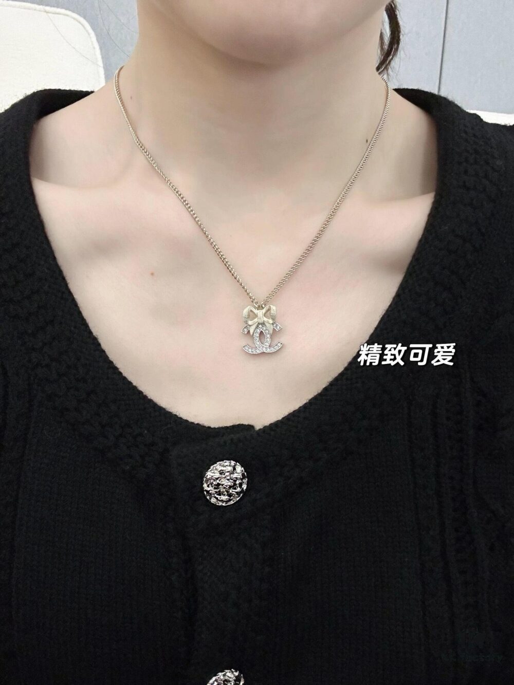 692ffd2e99f2d84055c8e8a7 Xiaoxiang New Arrival Light Gold Bow Silver Two-Tone Full Diamond Necklace