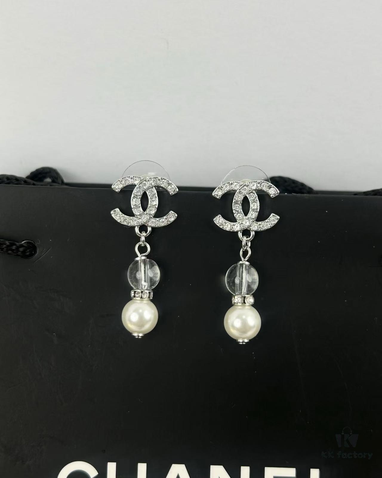 692ffd6799f2d84055c8e8ed Xiao Xiang New Arrival Silver Double C Full Diamond Transparent Pearl Pendant Earrings