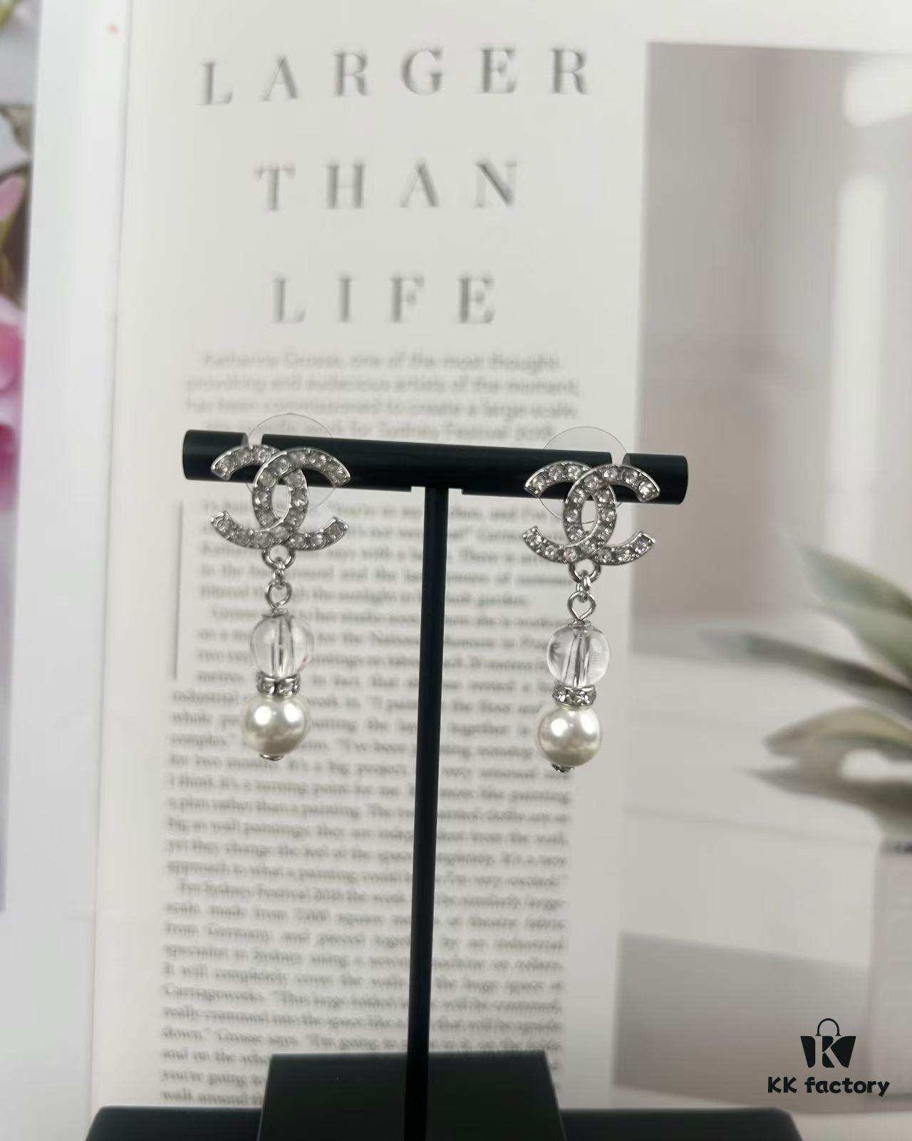 692ffd6999f2d84055c8e8ef Xiao Xiang New Arrival Silver Double C Full Diamond Transparent Pearl Pendant Earrings