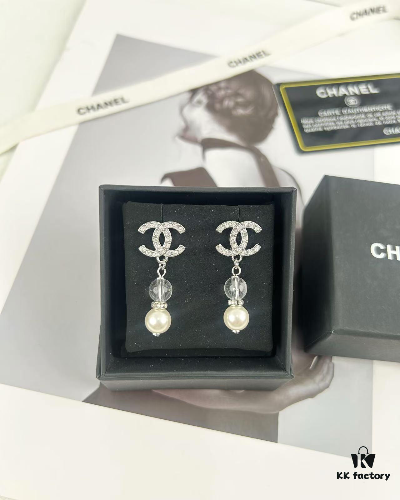 692ffd6999f2d84055c8e8f0 Xiao Xiang New Arrival Silver Double C Full Diamond Transparent Pearl Pendant Earrings