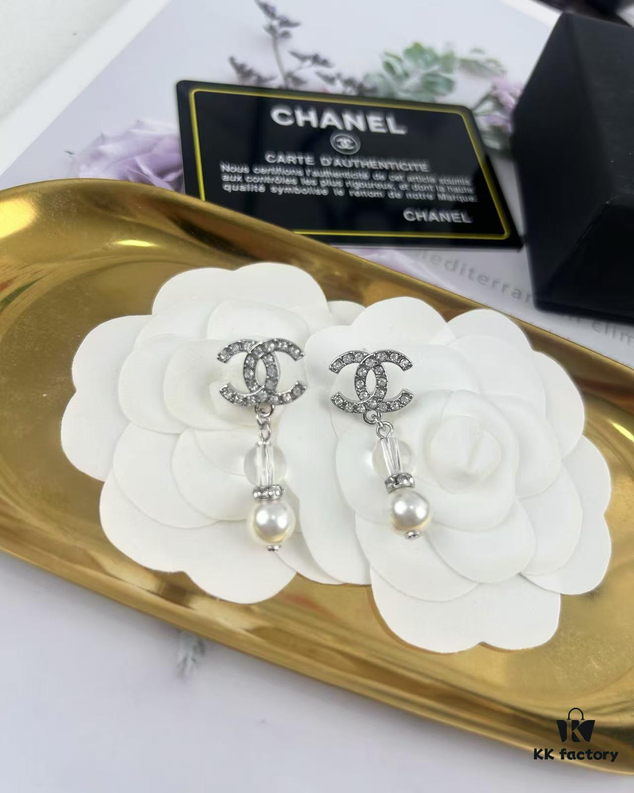 692ffd6a99f2d84055c8e8f1 Xiao Xiang New Arrival Silver Double C Full Diamond Transparent Pearl Pendant Earrings
