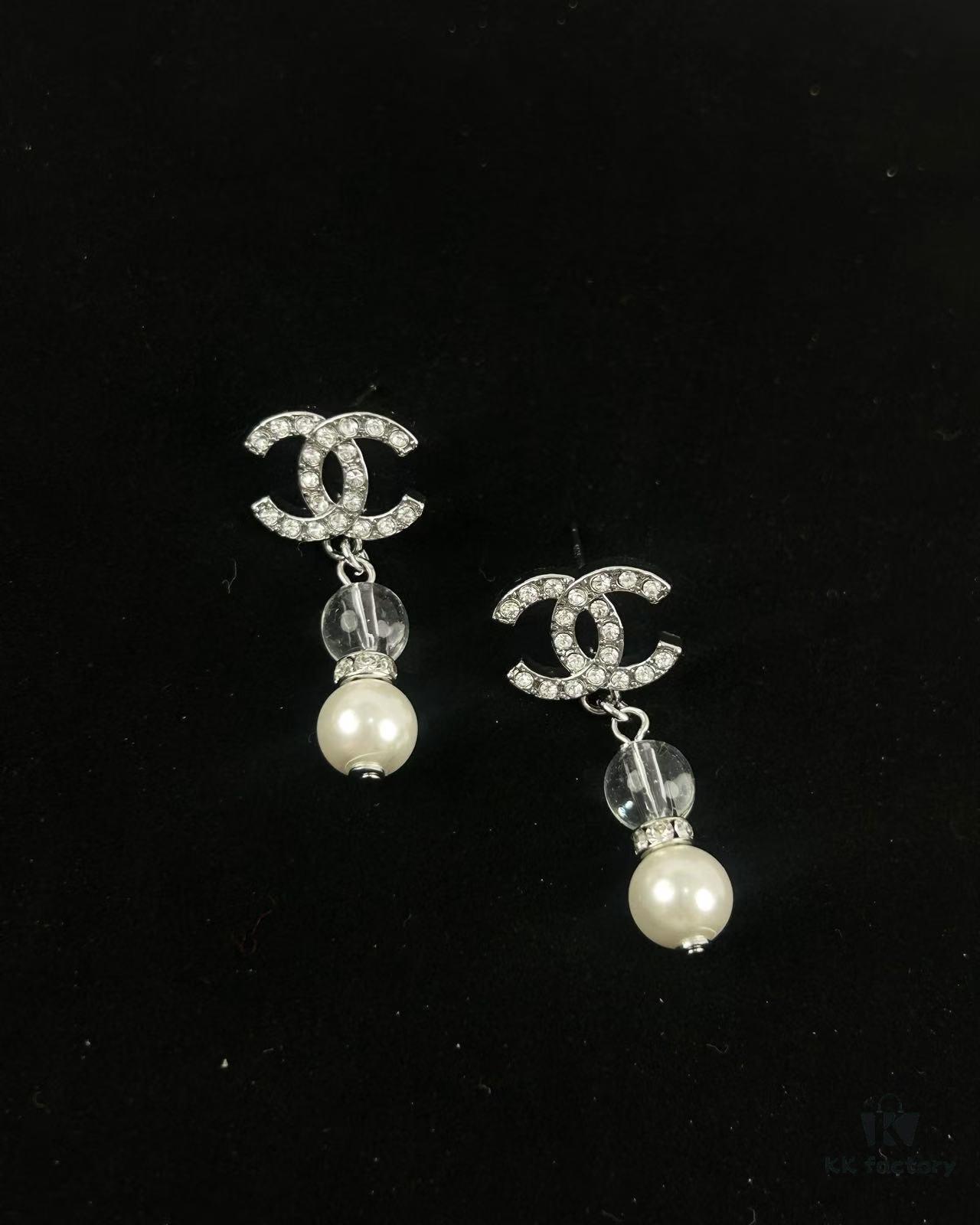 692ffd6a99f2d84055c8e8f2 Xiao Xiang New Arrival Silver Double C Full Diamond Transparent Pearl Pendant Earrings