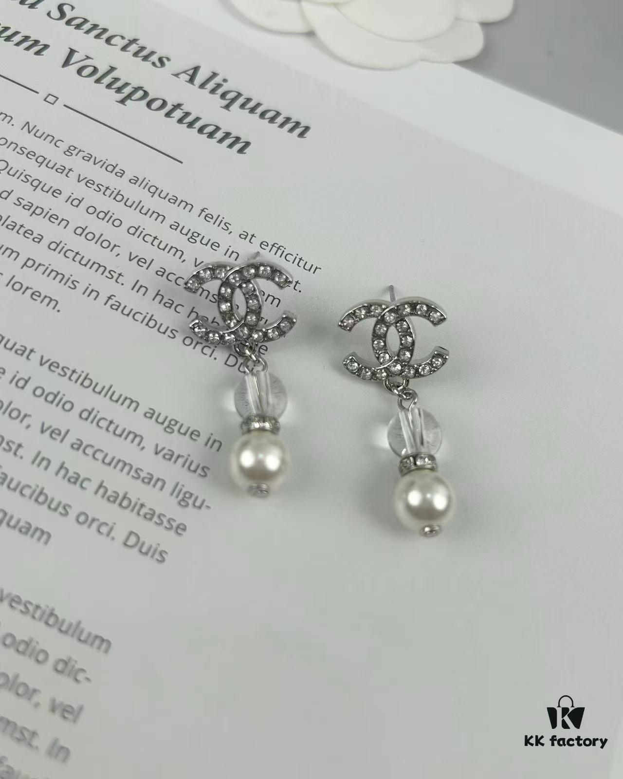 692ffd6a99f2d84055c8e8f3 Xiao Xiang New Arrival Silver Double C Full Diamond Transparent Pearl Pendant Earrings