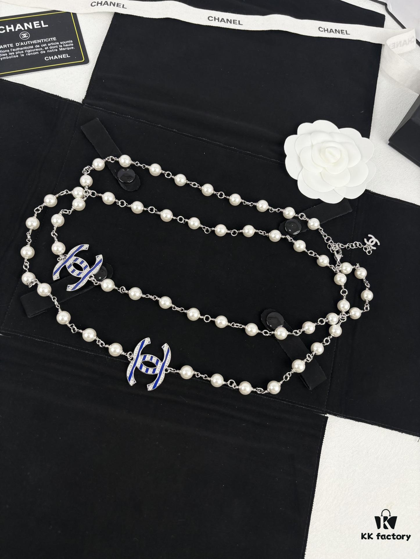 Chanel New Arrival Blue Enamel C Diamond Letter Pearl Fashion Necklace Sweater Chain