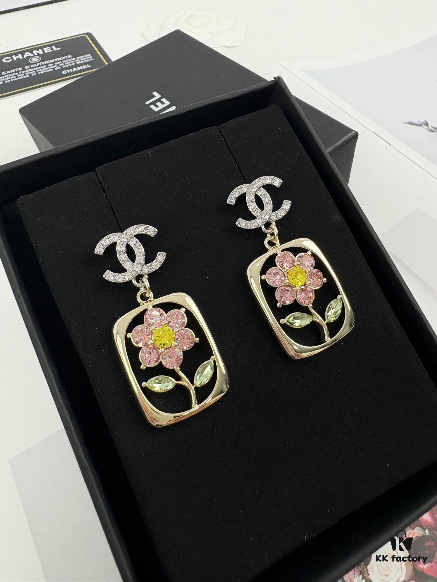 692ffd7c99f2d84055c8e910 Xiaoxiang New Rectangular Picture Frame Surrounding Flower Colorful Rhinestone Hollow Pendant Earrings